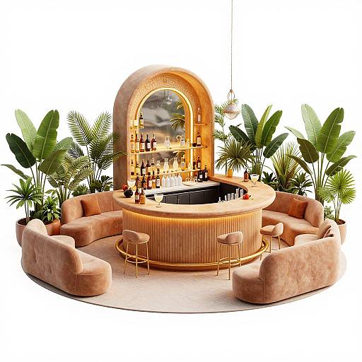 Photorealistic CGI of a modern, tropical bar with a curved, pink stone counter, wooden arch, bar stools, lush green plants, and a