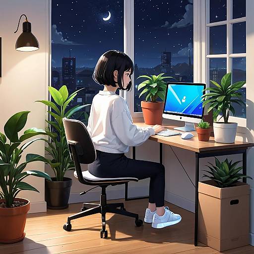 Woman Working at Computer at Night
