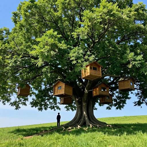 Photograph of a large, leafy tree with three wooden birdhouses hanging from its branches, a silhouette of a person standing on the grassy hill