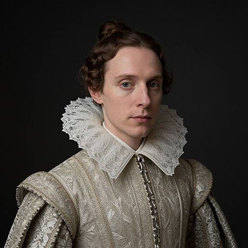 Photograph of a pale-skinned, blue-eyed man with dark, wavy hair, wearing an elaborate, Renaissance-style, silver-gray embroidered doublet