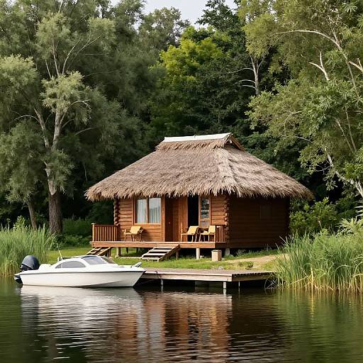 Photograph of a rustic, wooden cabin with a thatched roof, docked on a serene lake, surrounded by lush green trees. White motorboat