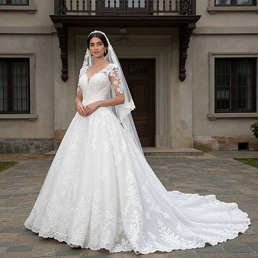 Photograph of a young woman with fair skin, wearing a white lace wedding dress and veil, standing on a cobblestone path in front of a