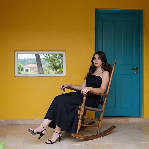 Photograph of a woman with long black hair, wearing a black dress and black heels, sitting in a wooden rocking chair against a yellow wall with a