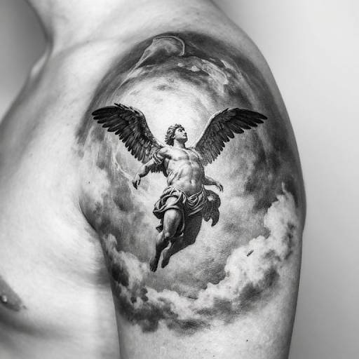 Black-and-white tattoo of a winged angel with flowing robes, soaring through cloudy skies, on a muscular shoulder. Digital artwork.
