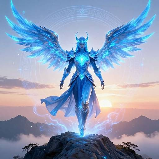 Digital artwork of a blue, winged angelic figure with glowing horns and armor, standing on a rocky mountain at sunset.