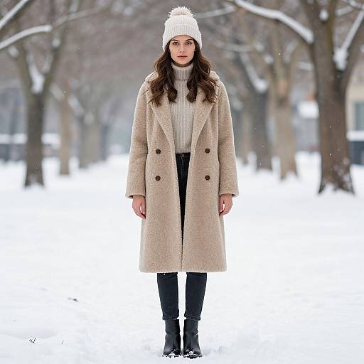 Photograph of a young woman with fair skin and long brown hair, wearing a beige coat, white knit hat, turtleneck, black pants,