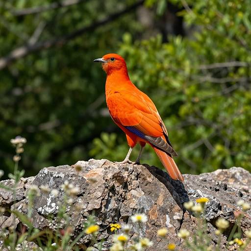Photograph of a vibrant red Oriole bird perched on a rocky ledge, surrounded by green foliage and small yellow flowers.
