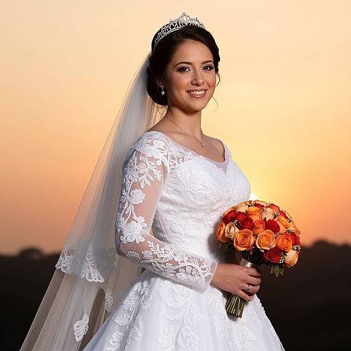 Photograph of a smiling bride in a white lace wedding dress, holding an orange and red bouquet, with a tiara and veil, against a sunset