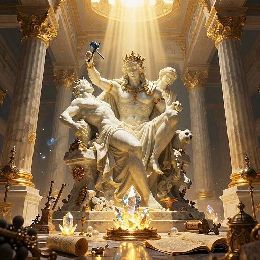 Grandiose digital artwork of a crowned, muscular statue holding a crucifix, surrounded by flames, columns, and ornate golden details.