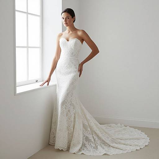 Photograph of a slender, dark-haired woman in a strapless, white lace wedding gown with a long train, standing by a sunlit window in