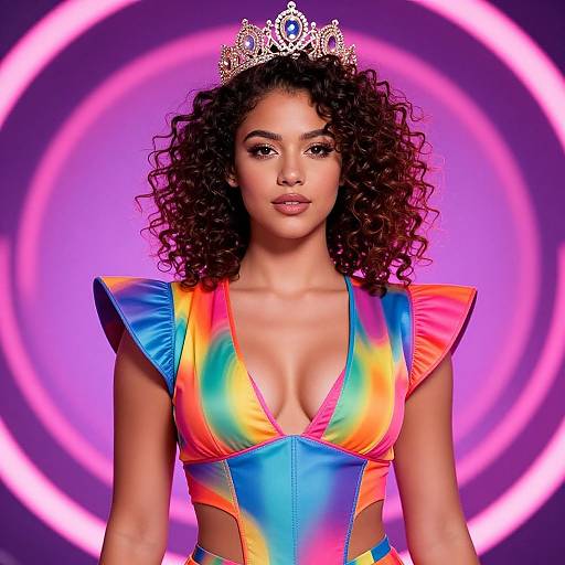 Photograph of a curly-haired woman with a silver tiara, wearing a vibrant, rainbow-colored, deep V-neck dress with shoulder pads, against a
