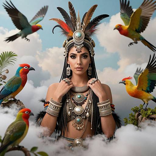 Woman with Feathers and Vibrant Birds