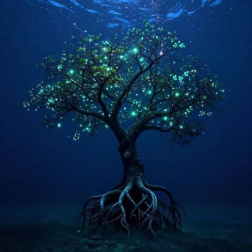 Digital artwork of a glowing, underwater tree with bioluminescent green and blue lights, exposed roots, and a dark blue ocean background.