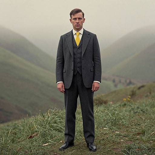 Photograph of a serious, fair-skinned man in a dark gray three-piece suit with a yellow tie, standing on a grassy hilltop with