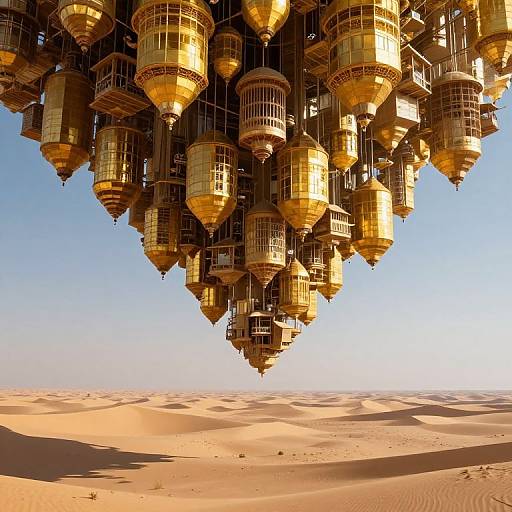 Photorealistic CGI of a cluster of golden, cylindrical, futuristic airships hanging over a vast, sunlit desert with rippled sand.