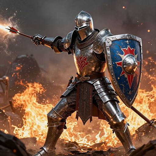 Photorealistic digital art of armored knight in battle stance, holding sword and shield with star emblem, amidst fiery battlefield.