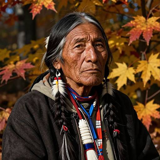 Photograph of an elderly Indigenous man with long black hair, wearing traditional clothing, against a vibrant autumn backdrop of yellow and red leaves.