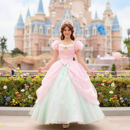 Photograph of a smiling young woman in a pink and white princess dress with a flower crown, standing in front of a colorful flowerbed and a fairy