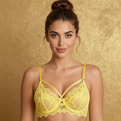 Woman in Yellow Lace Bra with Strappy Design