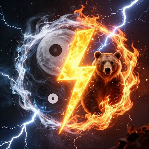 Digital artwork of a bear engulfed in fiery flames, surrounded by a Yin-Yang symbol and electric blue lightning against a dark sky.