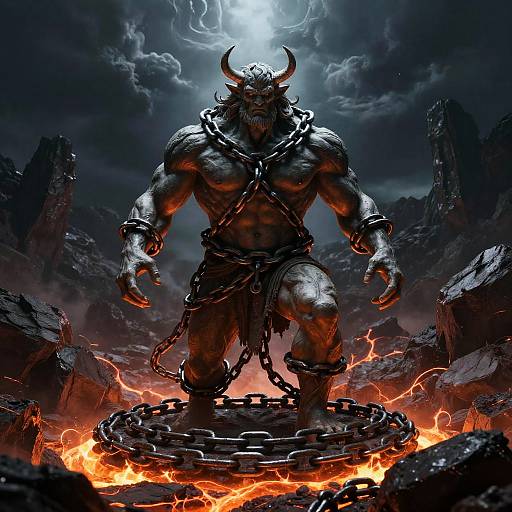 Digital artwork of a muscular, horned demon with chains, standing over a fiery pit, under a stormy, dark sky.