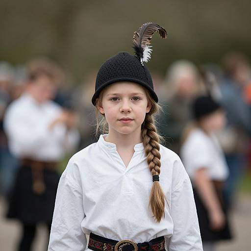 Photograph of a young girl with fair skin, brown braid, wearing a black crocheted hat with a feather, white blouse, and black