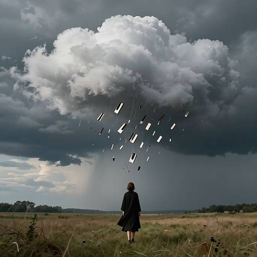 Photograph of a person in a dark coat standing in a grassy field, watching large, dark storm clouds with white-tipped edges and falling rectangular