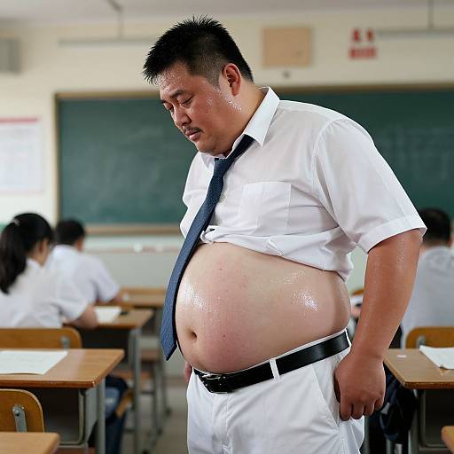 Photograph of a heavyset Asian male teacher in a white shirt and black tie, exposing his large, sweaty belly in a classroom with students in the