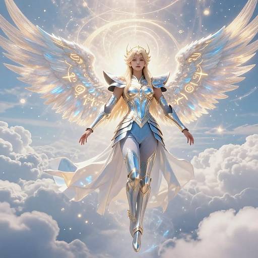 Digital artwork of a blonde angelic woman with glowing wings and golden crown, wearing silver and blue armor, floating in a bright, cloudy sky.