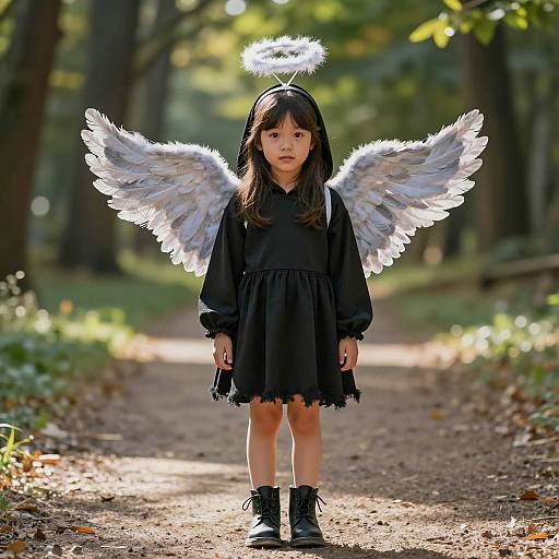 Young Girl in Angel Halloween Costume on Forest Path