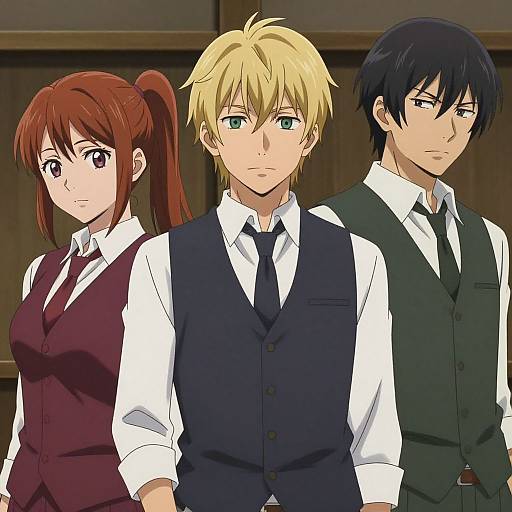 Anime-style drawing of three characters: blonde man in blue vest, red-haired woman in maroon vest, and black-haired man in green vest, standing