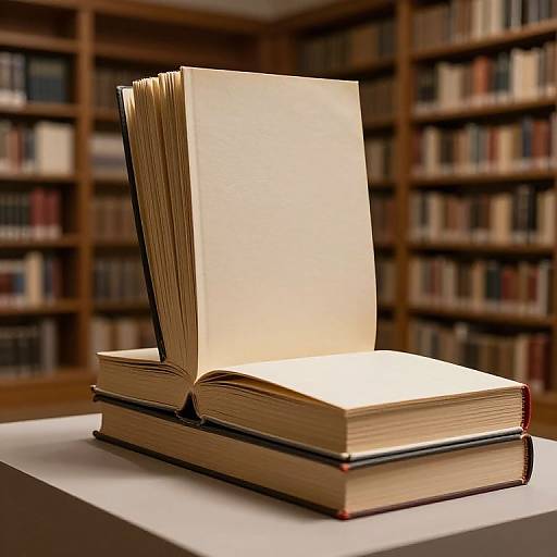 Photograph of two open, stacked books with blank pages on a white table in a wooden, book-filled library.
