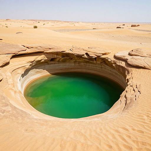 Photograph of a natural, circular oasis in a desert with turquoise green water, surrounded by sandy, sunlit rocky terrain under a clear blue sky.