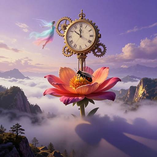 Fantasy photograph of a steampunk clock with gears on a giant pink flower, above misty mountains and a glowing fairy at sunset.