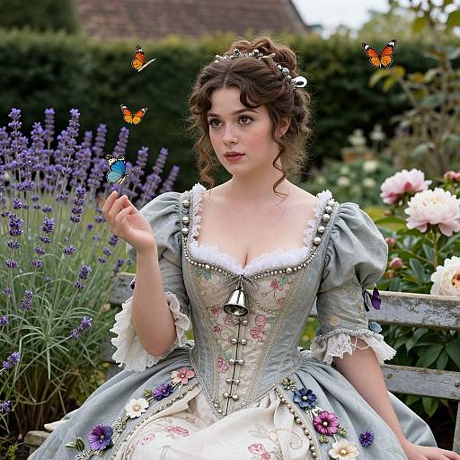 Photograph of a fair-skinned woman with curly brown hair in a blue, floral-embellished, puffed-sleeve dress, holding