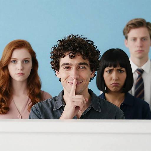 Man Gesturing Silence Among Diverse Group