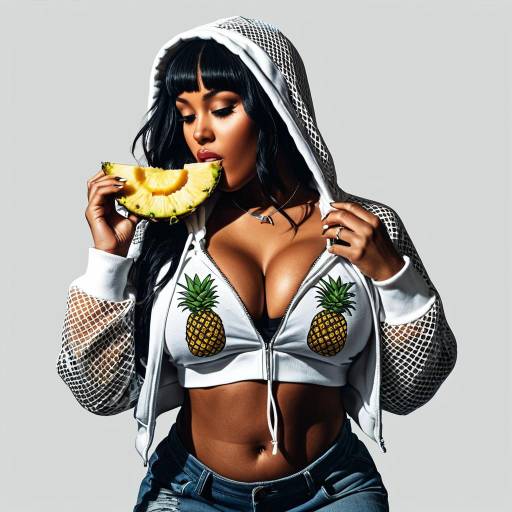 Woman in Mesh Hoodie Eating Pineapple Wedge