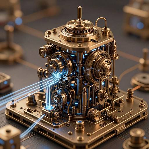 Photorealistic CGI of a detailed, bronze-colored, steampunk-style mechanical device emitting blue neon lights on a circuit board background.