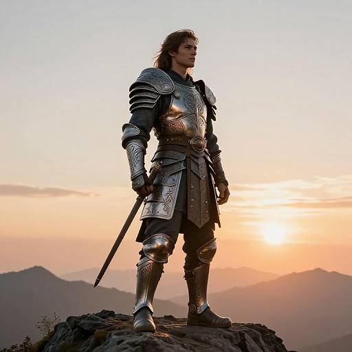 Photograph of a young man in silver medieval armor standing on a rocky peak at sunset, holding a sword, mountains in the background.
