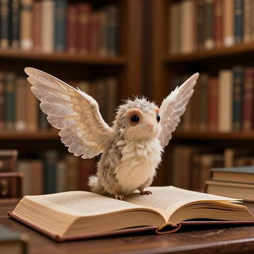 Photograph of a fluffy, winged hamster sitting on an open book in a library, with bookshelves blurred in the background.
