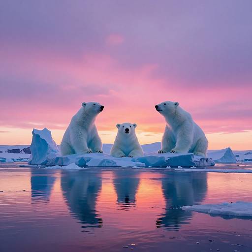 Photograph of three polar bears sitting on ice floes at sunset, reflected in calm water, with a pink and purple sky background.