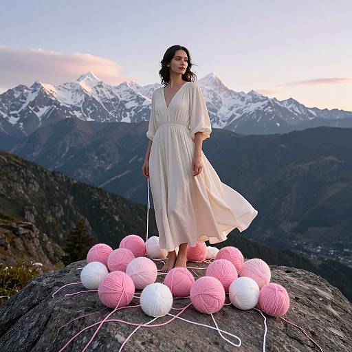 Photograph of a woman in a flowing white dress standing on a rock, surrounded by pink and white yarn balls, with snow-capped mountains in the