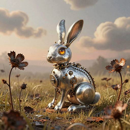 Photorealistic CGI of a shiny, metallic, robotic rabbit with glowing yellow eyes, sitting in a grassy field with wildflowers, under a cloudy