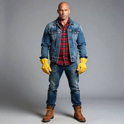 Rugged Man in Denim with Yellow Work Gloves