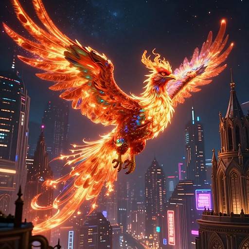 Digital artwork of a fiery, glowing phoenix soaring over a neon-lit, futuristic cityscape with skyscrapers and a Gothic-style building.