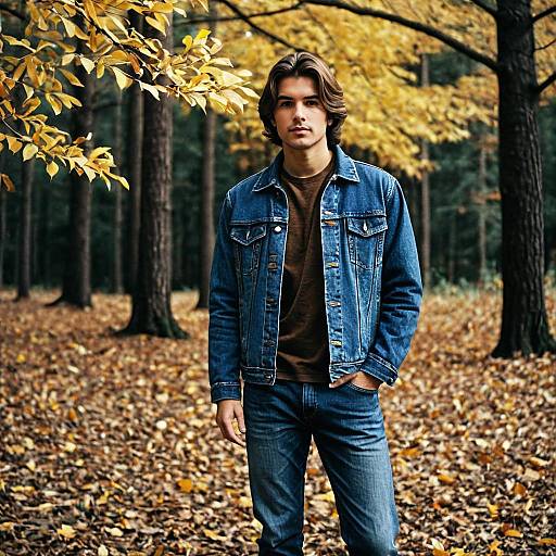 Young man in denim jacket standing in autumn forest