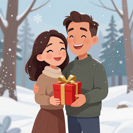 Cartoon couple in winter forest, man in gray sweater holding red gift, woman in brown dress and beige sweater, both smiling. Snowflakes fall