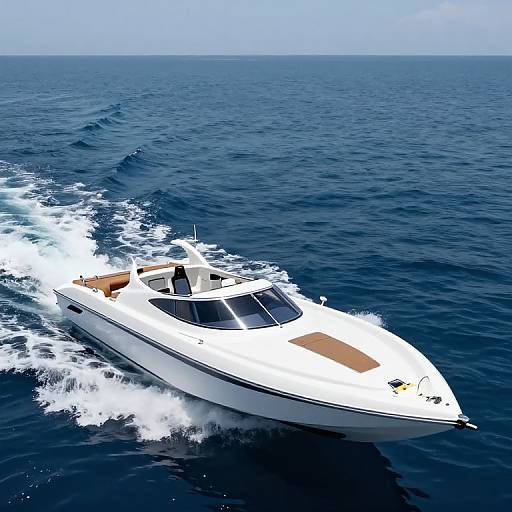 Photograph of a sleek, white motorboat with brown deck, cutting through deep blue ocean, creating white foam trails on the water. Bright, clear