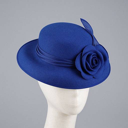 Photograph of a blue, textured, wide-brimmed hat with a large rose embellishment and ribbon band, displayed on a white mannequin