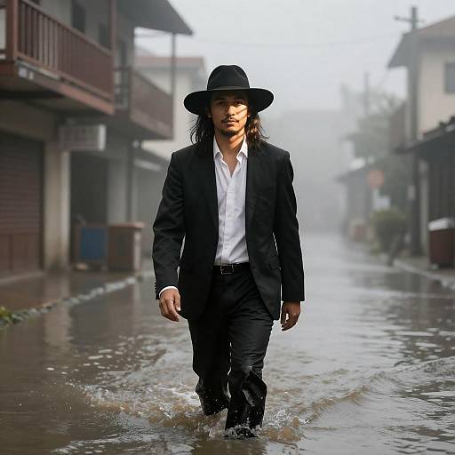 Elegant Man in Flooded Urban Scene